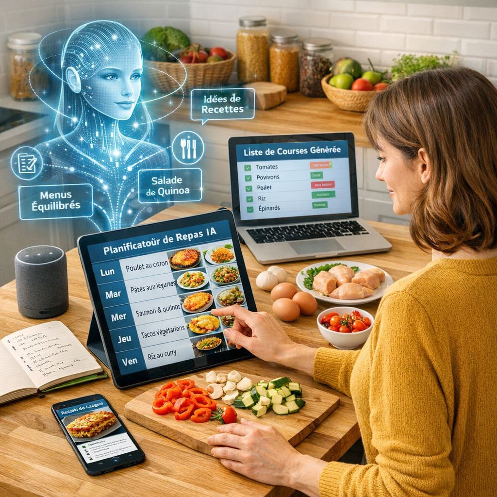 Planification de repas et cuisine à la maison, illustrant l’utilisation de l’IA pour organiser les menus